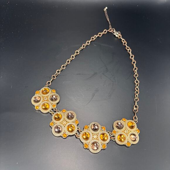 Gold Tone Statement Necklace - Amber Orange Stones - 20" - Bold & Elegant - Picture 9 of 10